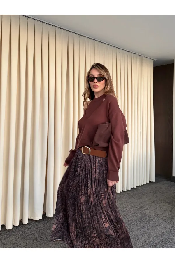 Kahverengi Piliseli Beli Lastikli Kemerli Etek - 3375
