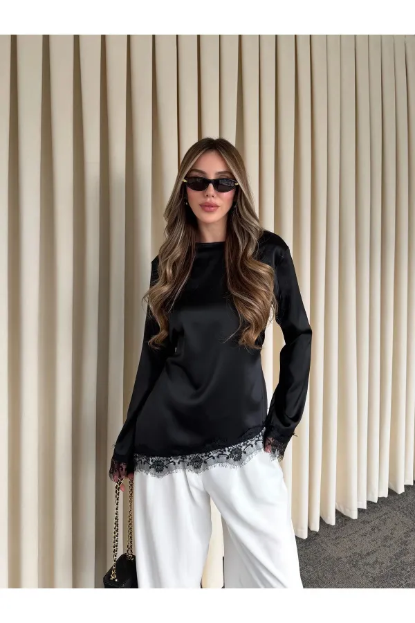 Siyah Saten Asimetrik Dantelli Bluz - 0320