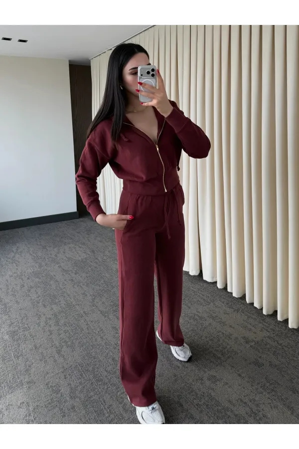 Bordo %100 Pamuk Kapüşonlu Fitilli Takım - 51232