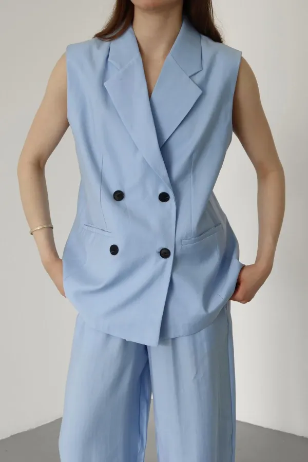 Blue and Black Button-Down Vest and Trousers Set