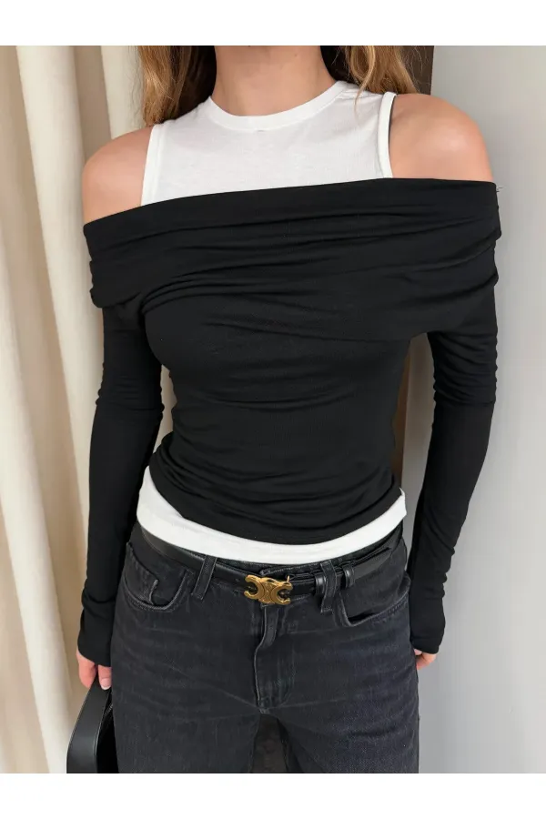 Siyah Beyaz Atletli Kayık Yaka Bluz - 0780