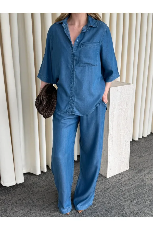 Mavi Tensel Kumaş Gömlek Pantolon Takım - 0926