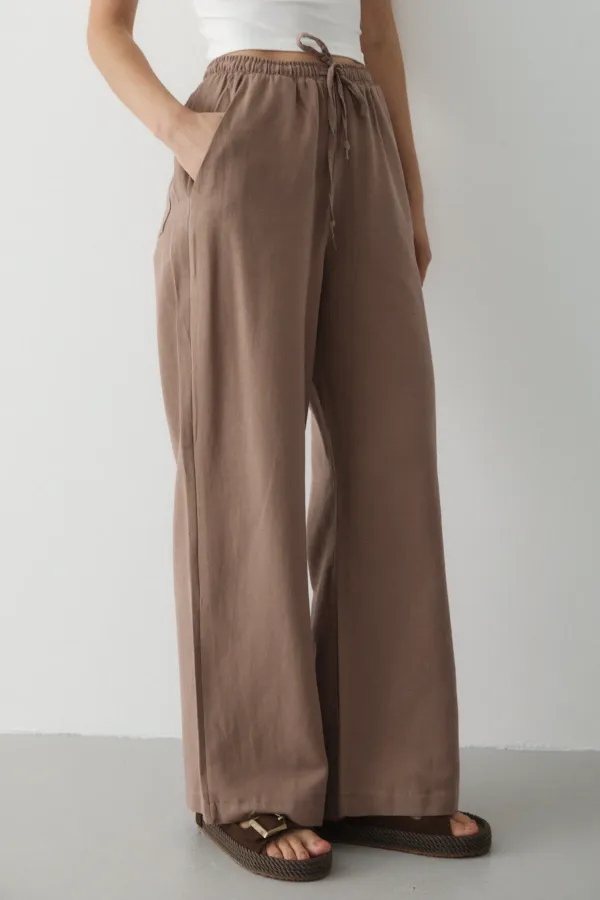 Milk Coffee Wide Leg Trousers with Elastic Waistband - 2813