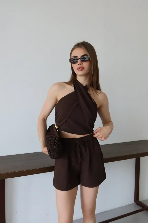 Kahveremgi Boyundan Bağlı Büstiyer Takım - 30352