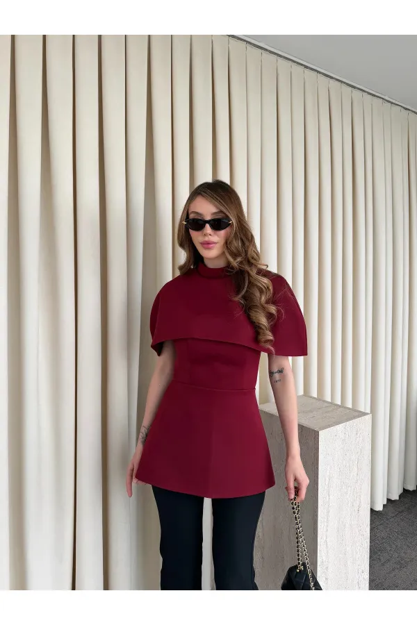 Bordo Pelerinli Straplez Bluz - 1101