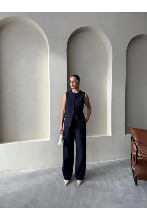 Dark Navy Camille Classic Button-Down Vest Trousers - 8449 Dark Navy Camille Classic Button-Down Vest Trousers - 8449