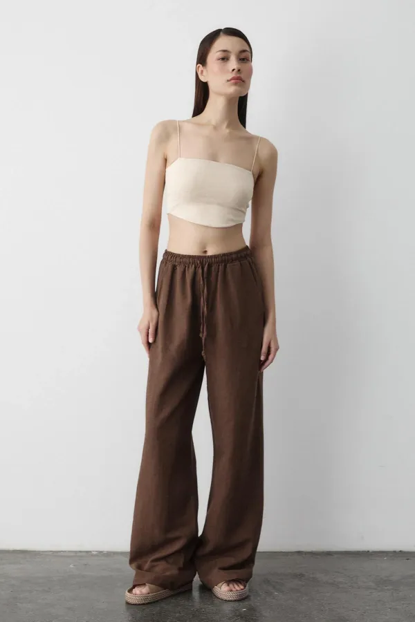 Pantalon marron en coton et lin avec taille élastique