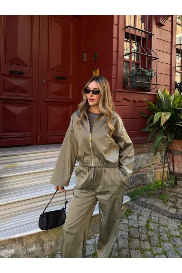 Haki Bomber Saten Ceket Pantolon Takım - 9663 - 51229