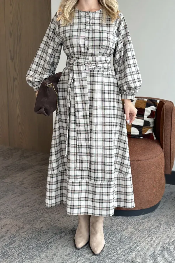 Stone Plaid Belted Long Dress - 1235 Stone Plaid Belted Long Dress - 1235
