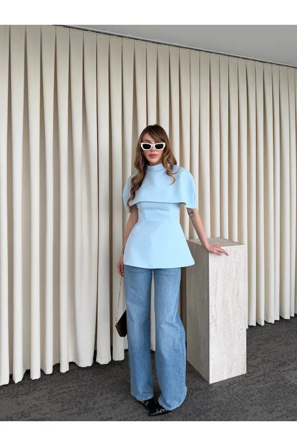 Mavi Pelerinli Straplez Bluz - 1101
