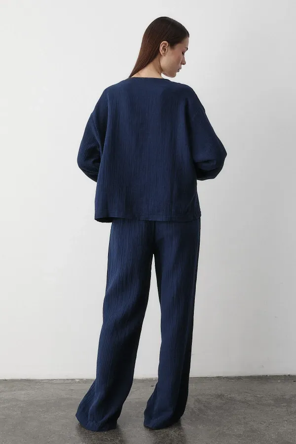 Navy Blue 100% Cotton Tie-Up Blouse and Pants Set
