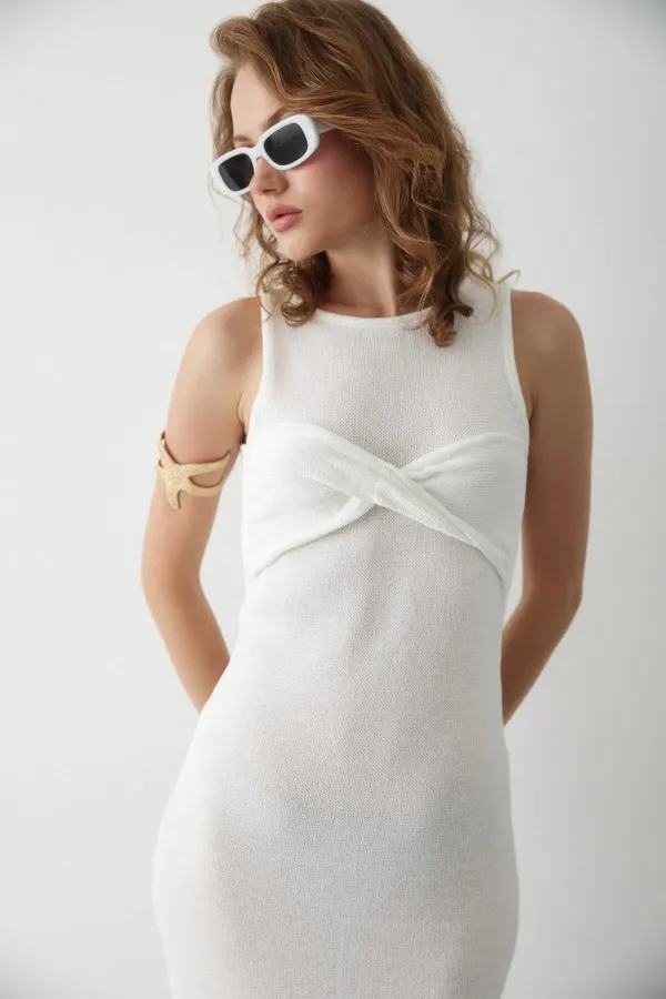 White Dress with Front Twist Detail