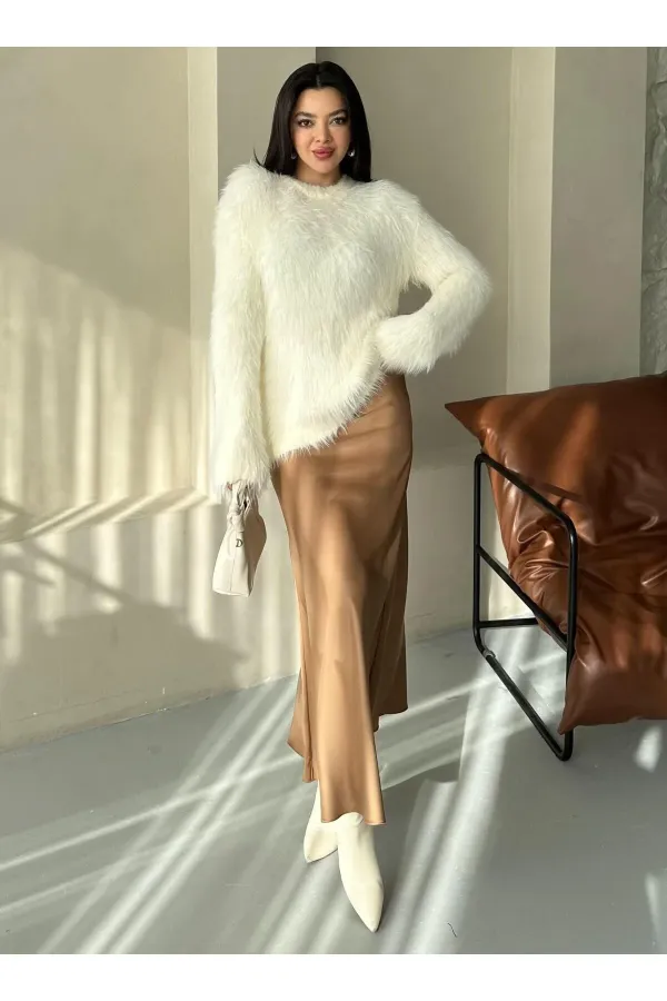 Sütlü Kahve Yandan Gizli Fermuarlı Beli Lastikli Saten Etek