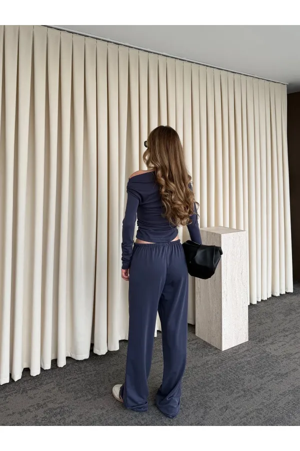 İndigo Kayık Yaka Modal İkili Takım - 7323