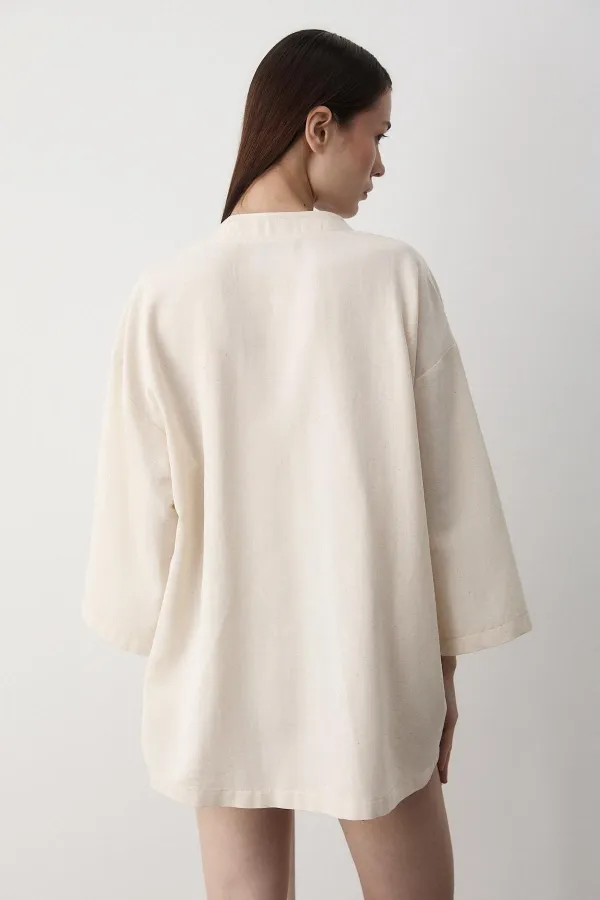 Natural Yarım Kol İçten Kemerli Kimono - 5383