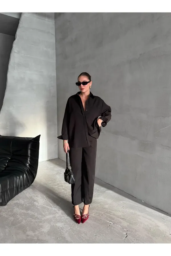 Black Merlin Belted Shirt and Trousers Set
