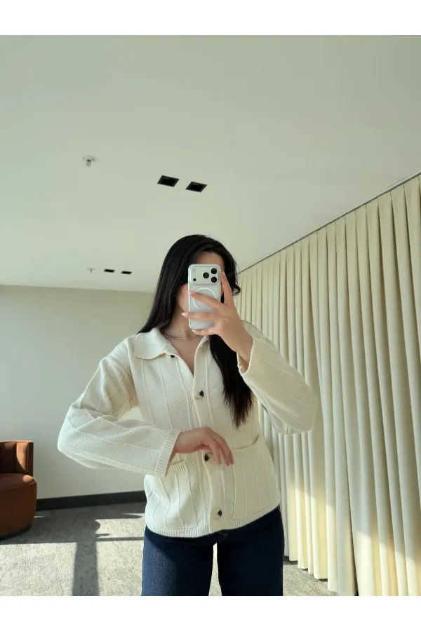 Ekru Büyük Cepli Hırka - 9011