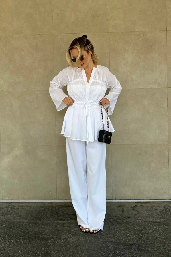 Beyaz Bel Detaylı Vual Keten Gömlek