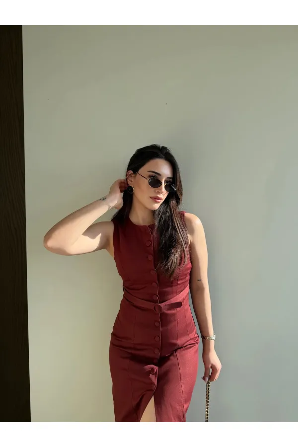 Bordo Düğmeli Kemerli Gabardin Elbise - 5002