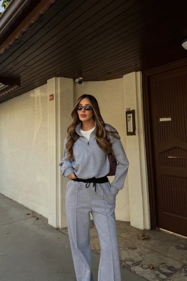 Ensemble de survêtement gris avec détail t-shirt et taille élastique - 0740