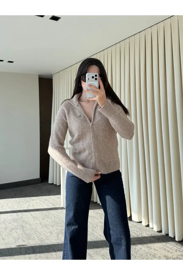 Bej Balıkçı Yaka Çift Fermuarlı Hırka - 251108