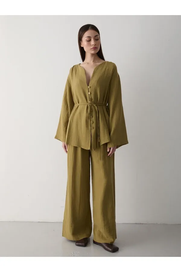 Haki Çok Düğmeli %100 Pamuk Gömlek Pantolon Takım