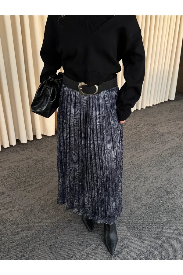 Füme Piliseli Beli Lastikli Kemerli Etek - 3375