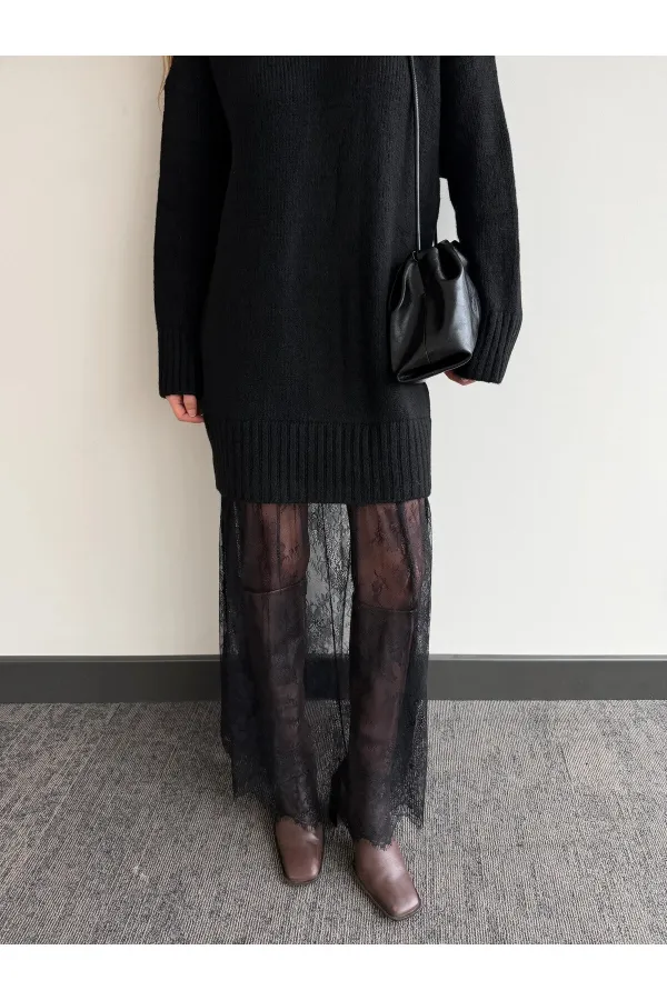 Siyah Tül Detaylı Uzun Triko Elbise - 251009
