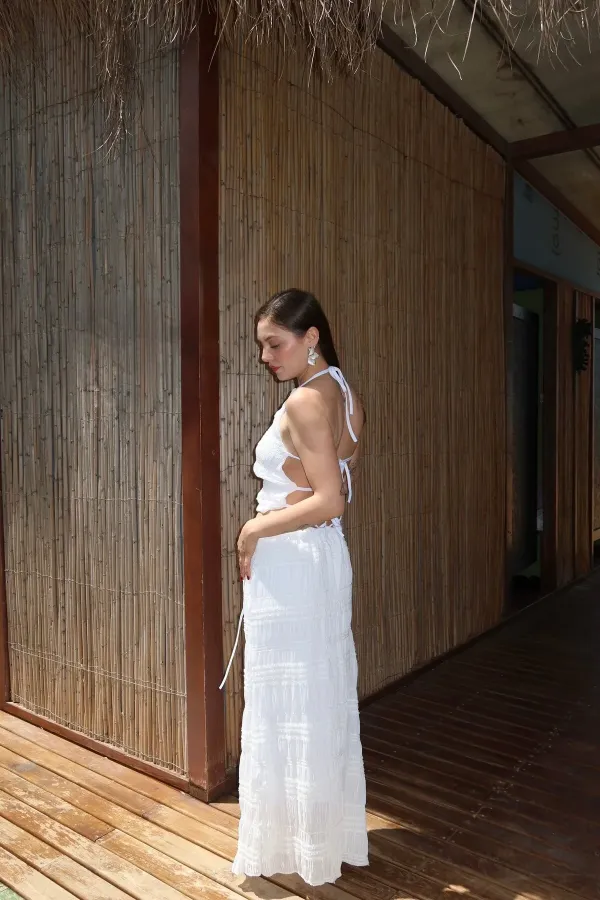 Ensemble chemisier et jupe en mousseline blanche à paillettes