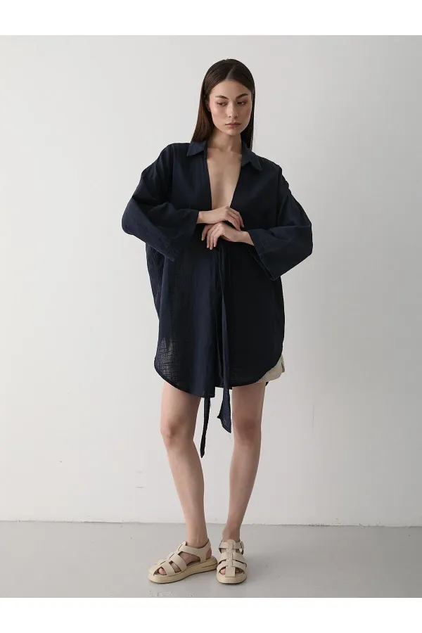 Lacivert Flam Keten Kimono Gömlek