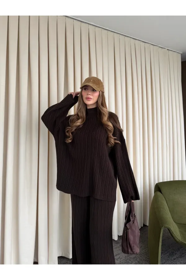 Ensemble pull en maille marron - 98078