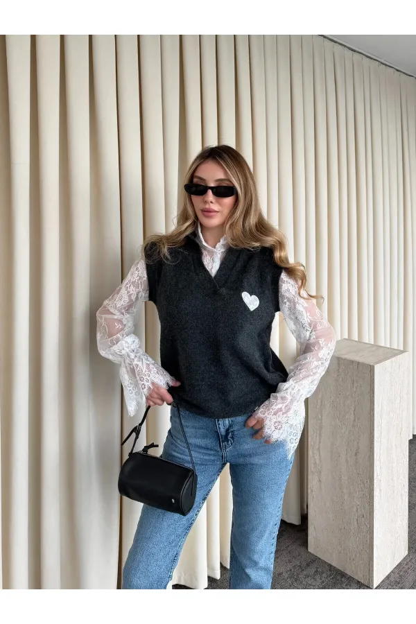 Anthracite Sweater with Heart Embroidery, Lace Sleeves and Collar - 1247