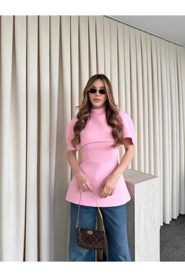 Pembe Pelerinli Straplez Bluz - 1101