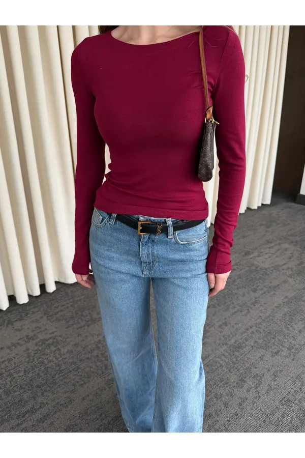 Bordo Bisiklet Yaka Uzun Kollu Body - 0098