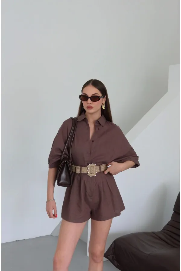 Kahverengi Hasır Kemerli Gömlek Şort Takım
