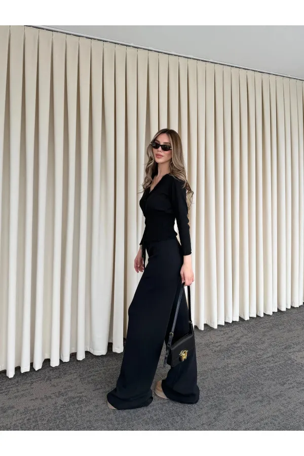 Siyah Dantelli İkili Triko Takım - 2602