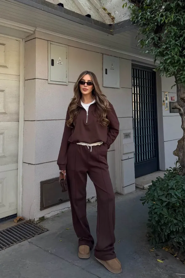 Ensemble de survêtement marron avec détail t-shirt et taille élastique - 0740