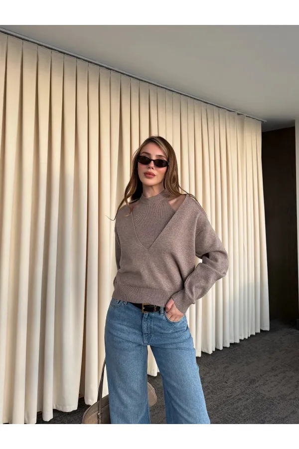 Bej İkili V Yaka Kazak - 251206