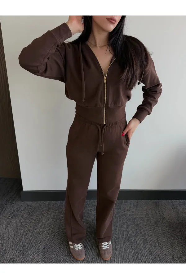 Kahverengi %100 Pamuk Kapüşonlu Fitilli Takım - 51232