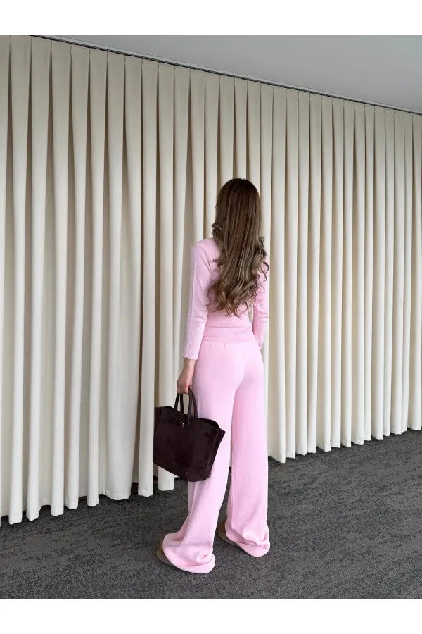 Pembe Dantelli İkili Triko Takım - 2602