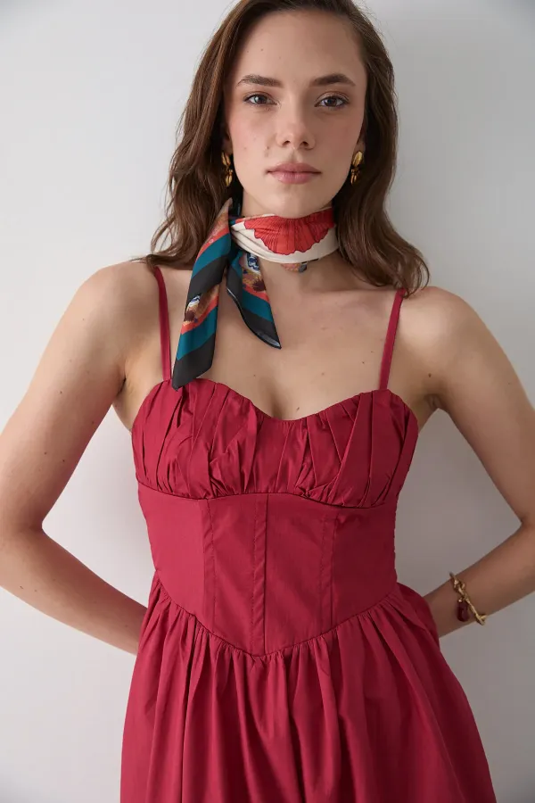 Kırmızı Bel Detaylı Poplin Elbise - 2001