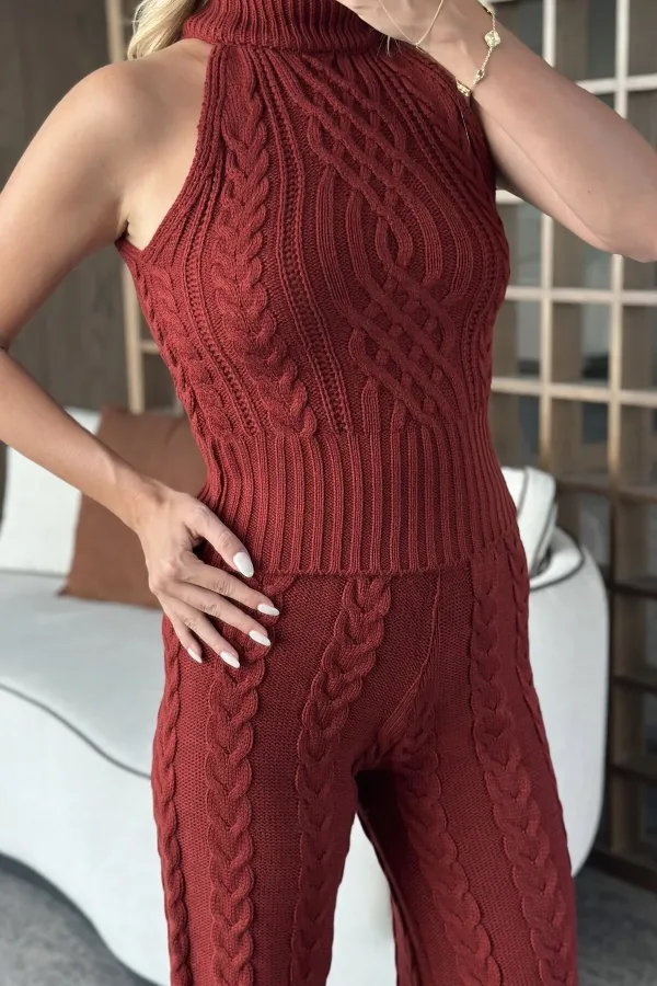 Ensemble chemisier sans manches et pantalon bordeaux - 3009