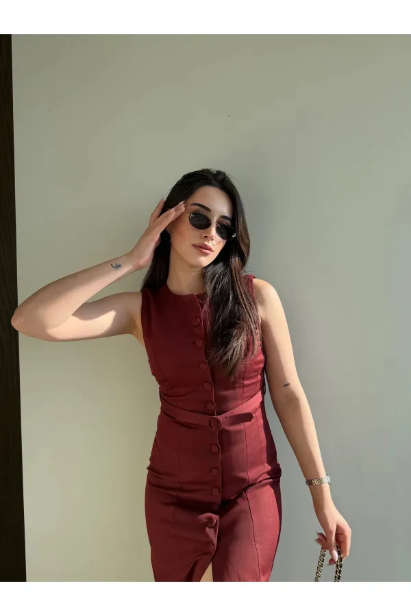Bordo Düğmeli Kemerli Gabardin Elbise - 5002