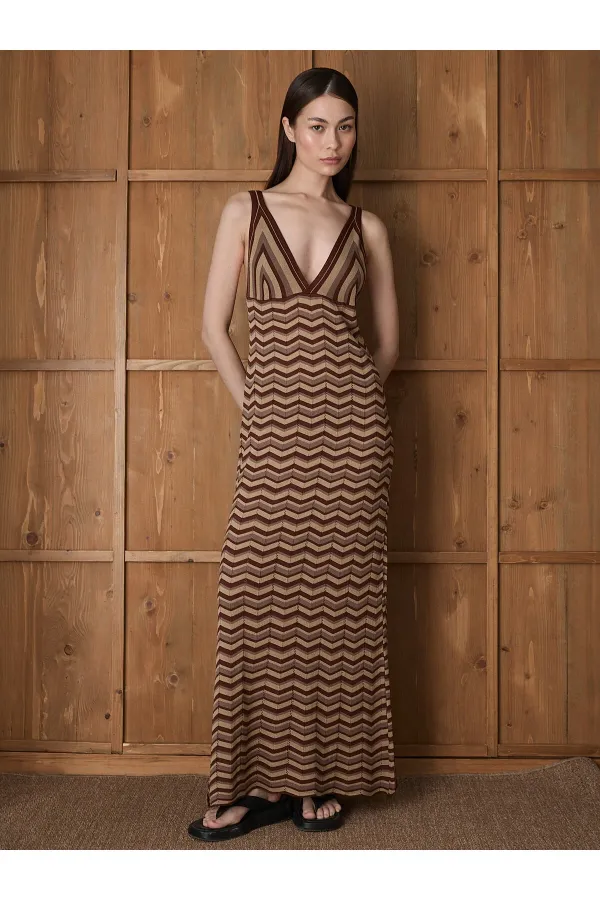 Robe de plage marron à motif zigzag - 7247