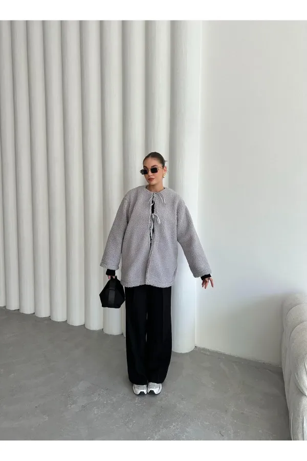 Grey Front Tie Teddy Jacket