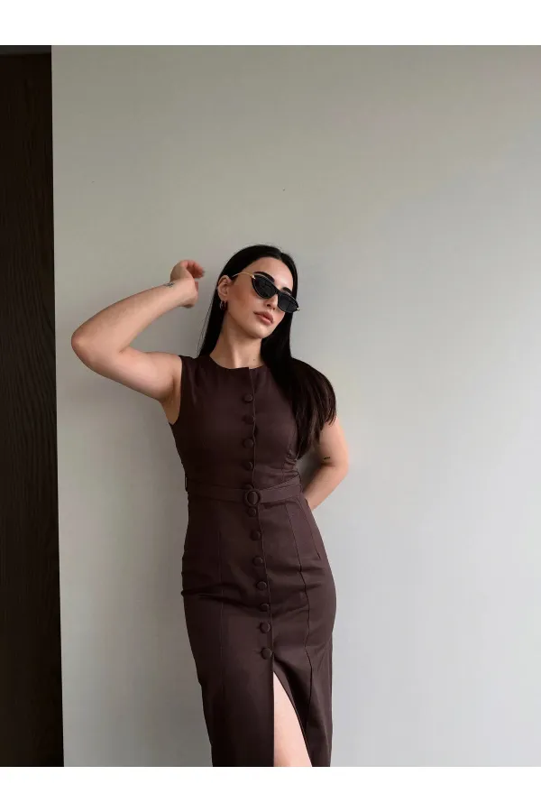 Kahverengi Düğmeli Kemerli Gabardin Elbise - 5002