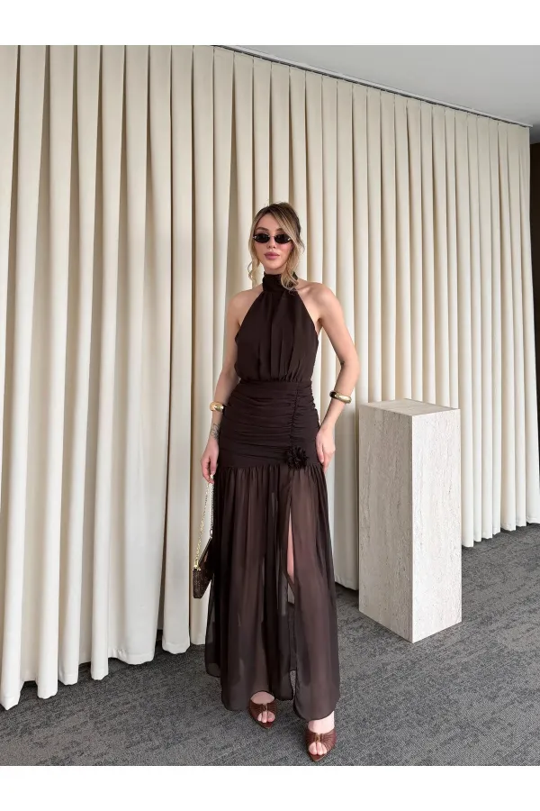 Kahverengi Gül Detaylı Şifon Elbise - 2485
