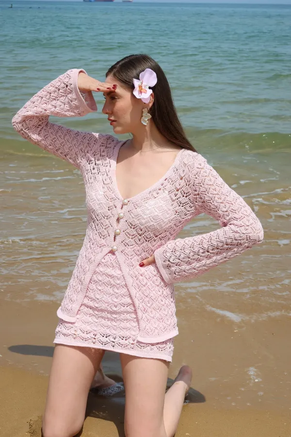 Ensemble cardigan et jupe à boutons en perles roses - 7221