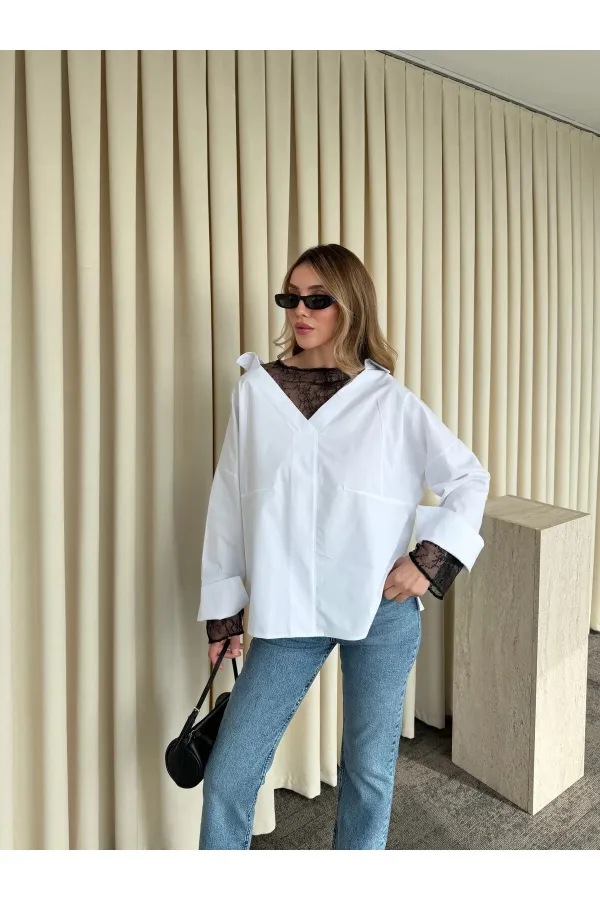 Beyaz İçi Dantelli Gömlek - 0826