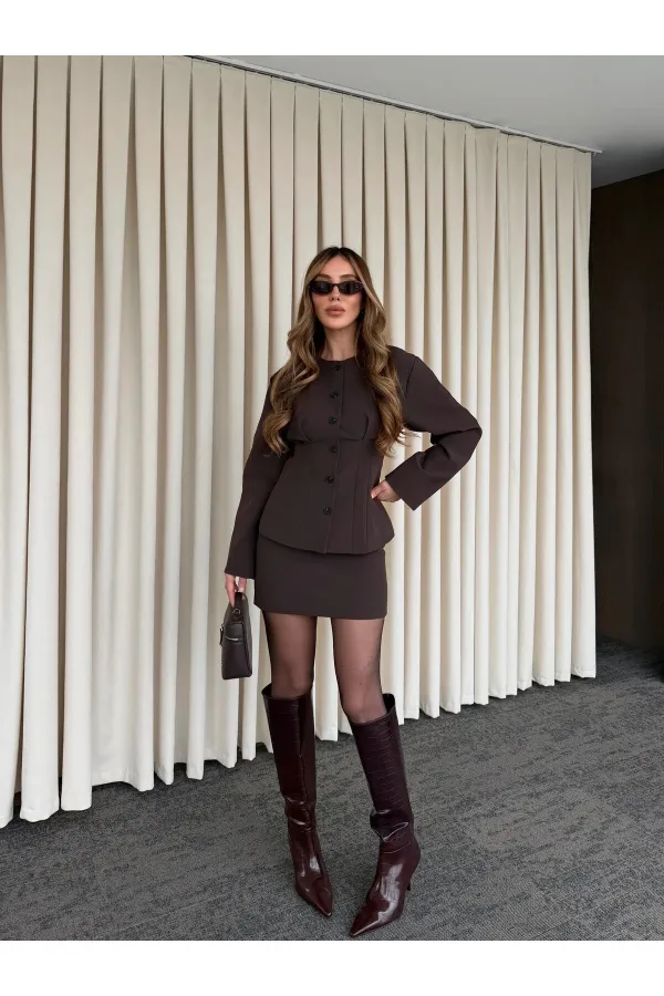 Kahverengi Düğmeli Pileli Ceket Etek Takım - 30422